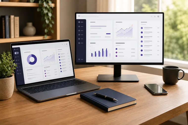 A laptop and monitor showing practice-management dashboards on a tidy desk