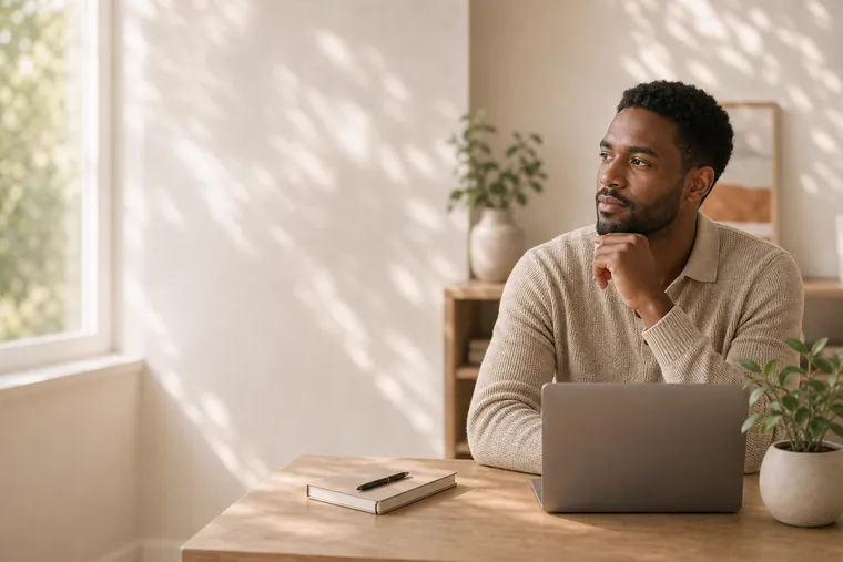 A solicitor sitting at their desk, thoughtfully considering where to turn for support