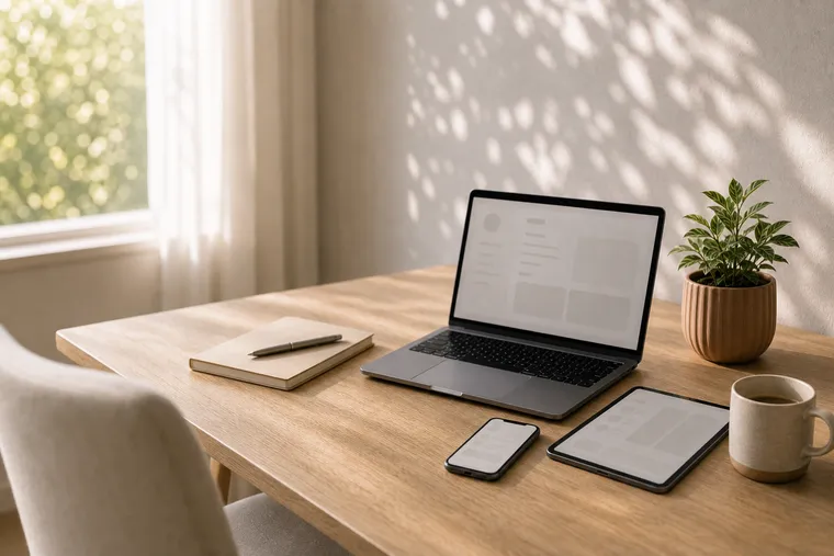 A reading and study desk with books, notes and a laptop