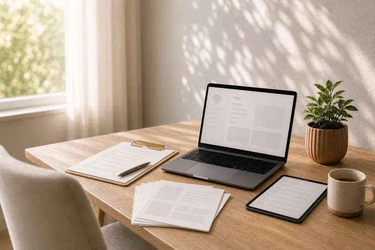 A tidy desk with a laptop, a printed checklist and ready-to-use document templates